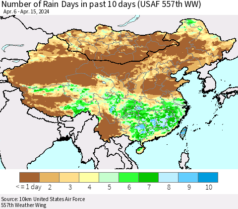 China, Mongolia and Taiwan Number of Rain Days in past 10 days (USAF 557th WW) Thematic Map For 4/11/2024 - 4/15/2024