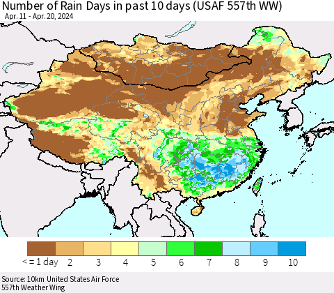 China, Mongolia and Taiwan Number of Rain Days in past 10 days (USAF 557th WW) Thematic Map For 4/16/2024 - 4/20/2024