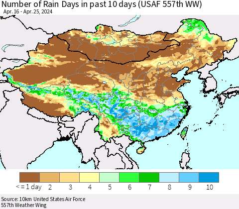China, Mongolia and Taiwan Number of Rain Days in past 10 days (USAF 557th WW) Thematic Map For 4/21/2024 - 4/25/2024