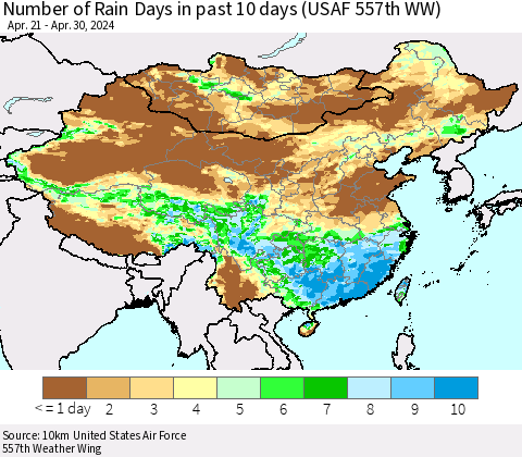 China, Mongolia and Taiwan Number of Rain Days in past 10 days (USAF 557th WW) Thematic Map For 4/26/2024 - 4/30/2024