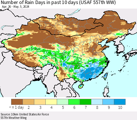 China, Mongolia and Taiwan Number of Rain Days in past 10 days (USAF 557th WW) Thematic Map For 5/1/2024 - 5/5/2024