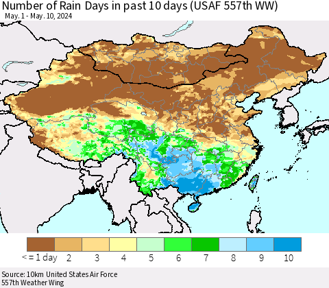 China, Mongolia and Taiwan Number of Rain Days in past 10 days (USAF 557th WW) Thematic Map For 5/6/2024 - 5/10/2024