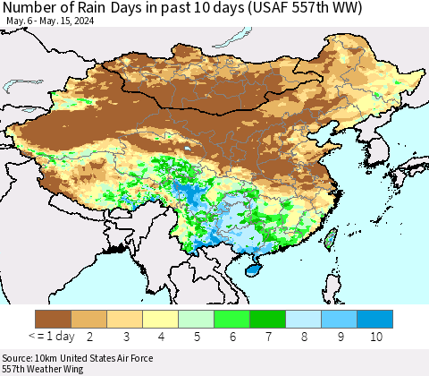 China, Mongolia and Taiwan Number of Rain Days in past 10 days (USAF 557th WW) Thematic Map For 5/11/2024 - 5/15/2024