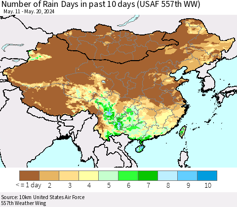 China, Mongolia and Taiwan Number of Rain Days in past 10 days (USAF 557th WW) Thematic Map For 5/16/2024 - 5/20/2024