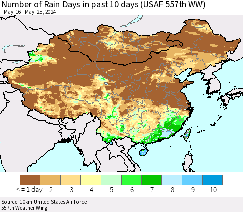 China, Mongolia and Taiwan Number of Rain Days in past 10 days (USAF 557th WW) Thematic Map For 5/21/2024 - 5/25/2024