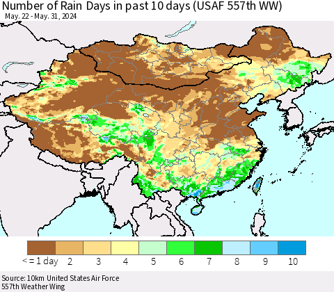 China, Mongolia and Taiwan Number of Rain Days in past 10 days (USAF 557th WW) Thematic Map For 5/26/2024 - 5/31/2024