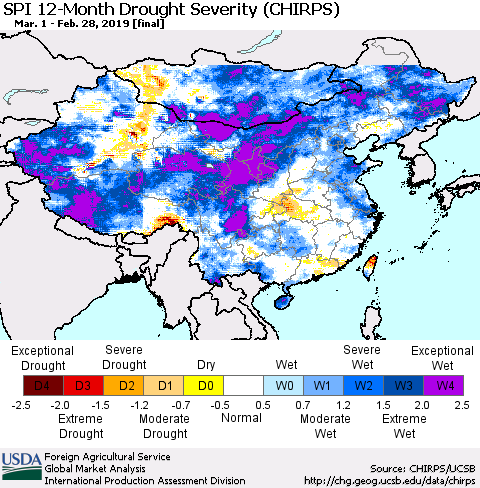 China, Mongolia and Taiwan SPI 12-Month Drought Severity (CHIRPS) Thematic Map For 3/1/2018 - 2/28/2019
