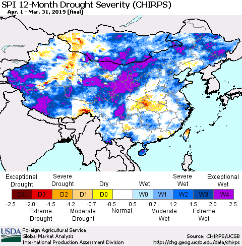 China, Mongolia and Taiwan SPI 12-Month Drought Severity (CHIRPS) Thematic Map For 4/1/2018 - 3/31/2019