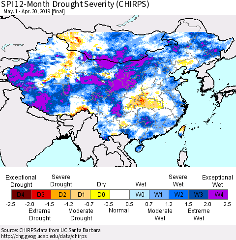 China, Mongolia and Taiwan SPI 12-Month Drought Severity (CHIRPS) Thematic Map For 5/1/2018 - 4/30/2019