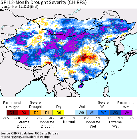 China, Mongolia and Taiwan SPI 12-Month Drought Severity (CHIRPS) Thematic Map For 6/1/2018 - 5/31/2019