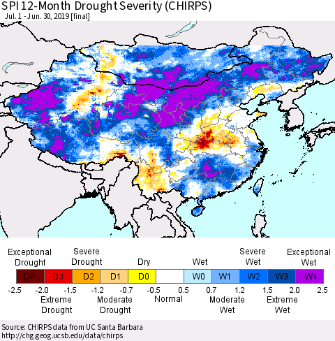 China, Mongolia and Taiwan SPI 12-Month Drought Severity (CHIRPS) Thematic Map For 7/1/2018 - 6/30/2019