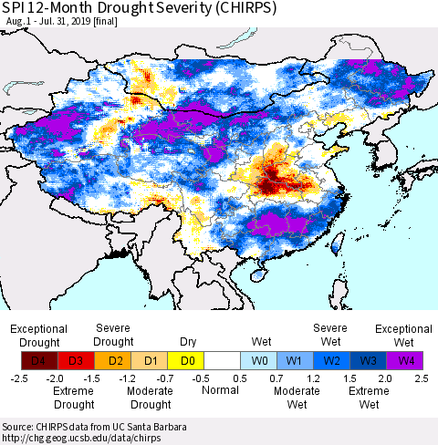 China, Mongolia and Taiwan SPI 12-Month Drought Severity (CHIRPS) Thematic Map For 8/1/2018 - 7/31/2019
