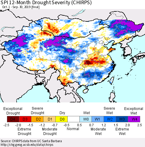 China, Mongolia and Taiwan SPI 12-Month Drought Severity (CHIRPS) Thematic Map For 10/1/2018 - 9/30/2019