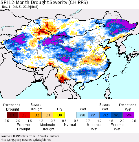 China and Taiwan SPI 12-Month Drought Severity (CHIRPS) Thematic Map For 11/1/2018 - 10/31/2019