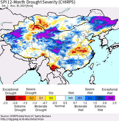 China, Mongolia and Taiwan SPI 12-Month Drought Severity (CHIRPS) Thematic Map For 12/1/2018 - 11/30/2019