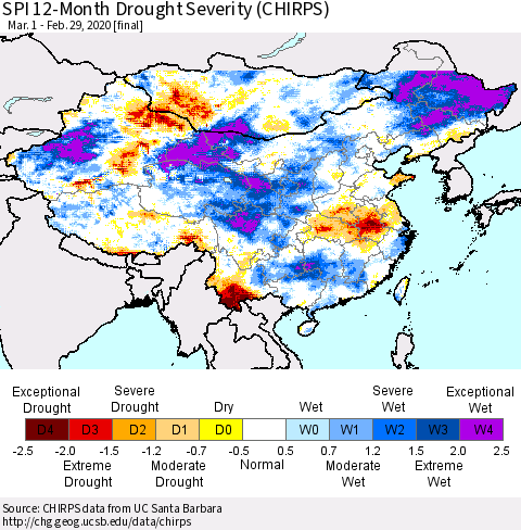 China and Taiwan SPI 12-Month Drought Severity (CHIRPS) Thematic Map For 3/1/2019 - 2/29/2020