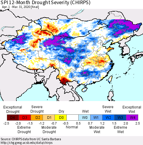 China and Taiwan SPI 12-Month Drought Severity (CHIRPS) Thematic Map For 4/1/2019 - 3/31/2020