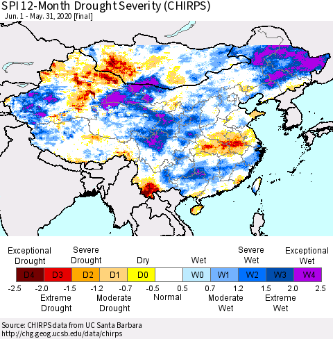 China and Taiwan SPI 12-Month Drought Severity (CHIRPS) Thematic Map For 6/1/2019 - 5/31/2020