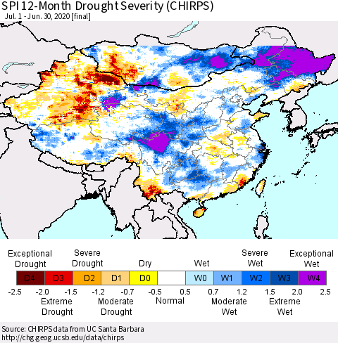 China and Taiwan SPI 12-Month Drought Severity (CHIRPS) Thematic Map For 7/1/2019 - 6/30/2020