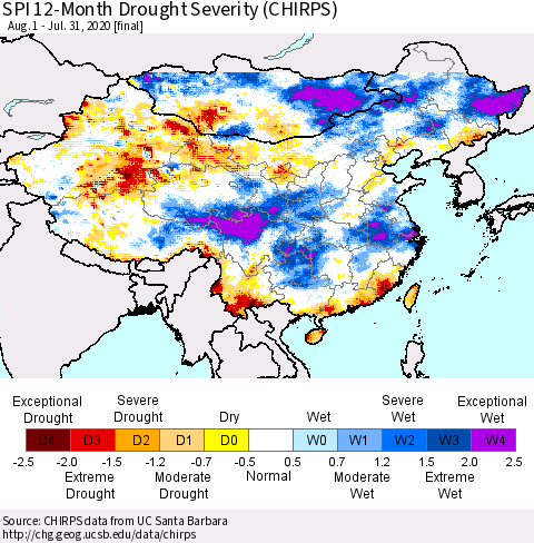 China and Taiwan SPI 12-Month Drought Severity (CHIRPS) Thematic Map For 8/1/2019 - 7/31/2020