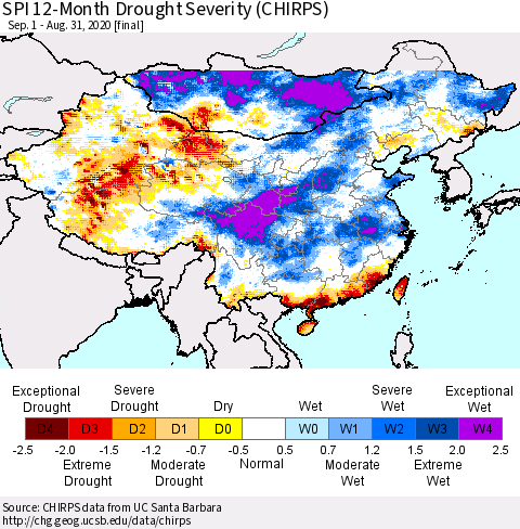 China and Taiwan SPI 12-Month Drought Severity (CHIRPS) Thematic Map For 9/1/2019 - 8/31/2020