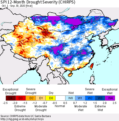 China and Taiwan SPI 12-Month Drought Severity (CHIRPS) Thematic Map For 10/1/2019 - 9/30/2020