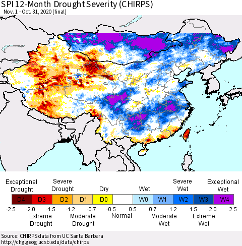 China, Mongolia and Taiwan SPI 12-Month Drought Severity (CHIRPS) Thematic Map For 11/1/2019 - 10/31/2020