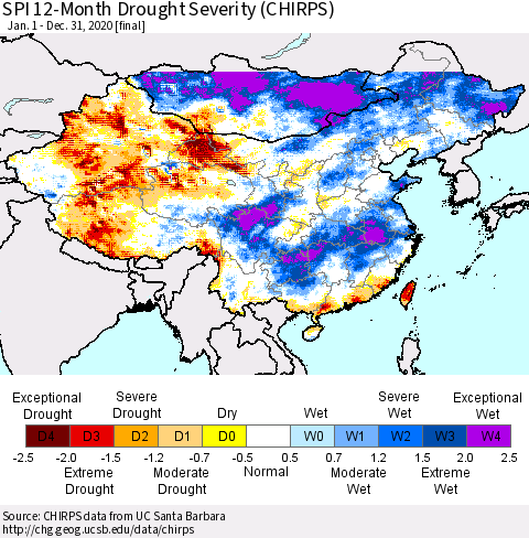 China, Mongolia and Taiwan SPI 12-Month Drought Severity (CHIRPS) Thematic Map For 1/1/2020 - 12/31/2020