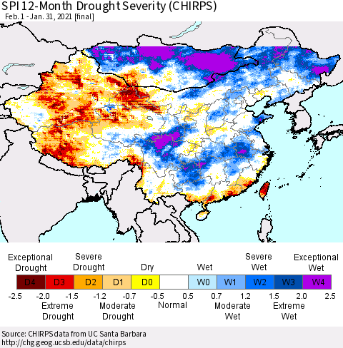 China, Mongolia and Taiwan SPI 12-Month Drought Severity (CHIRPS) Thematic Map For 2/1/2020 - 1/31/2021