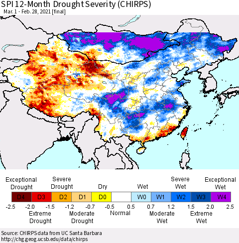 China, Mongolia and Taiwan SPI 12-Month Drought Severity (CHIRPS) Thematic Map For 3/1/2020 - 2/28/2021