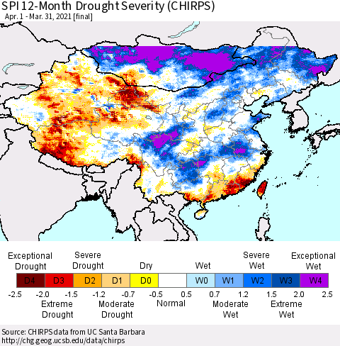 China, Mongolia and Taiwan SPI 12-Month Drought Severity (CHIRPS) Thematic Map For 4/1/2020 - 3/31/2021
