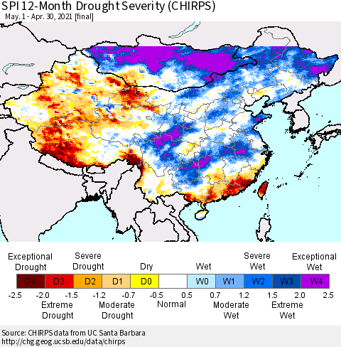 China, Mongolia and Taiwan SPI 12-Month Drought Severity (CHIRPS) Thematic Map For 5/1/2020 - 4/30/2021