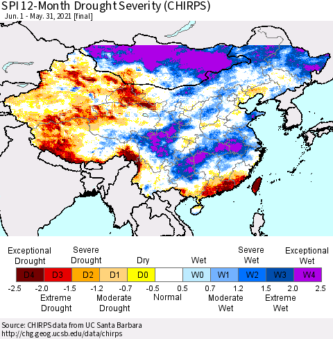 China, Mongolia and Taiwan SPI 12-Month Drought Severity (CHIRPS) Thematic Map For 6/1/2020 - 5/31/2021