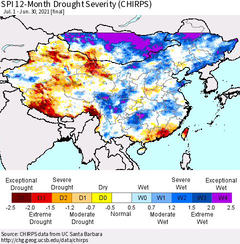 China, Mongolia and Taiwan SPI 12-Month Drought Severity (CHIRPS) Thematic Map For 7/1/2020 - 6/30/2021