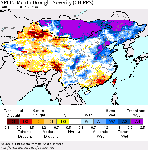 China, Mongolia and Taiwan SPI 12-Month Drought Severity (CHIRPS) Thematic Map For 8/1/2020 - 7/31/2021