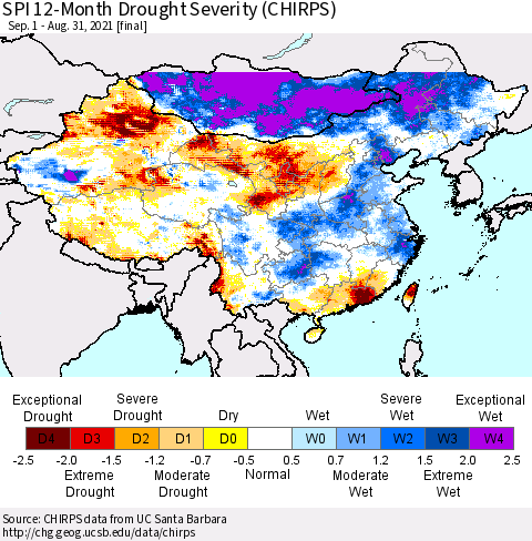 China, Mongolia and Taiwan SPI 12-Month Drought Severity (CHIRPS) Thematic Map For 9/1/2020 - 8/31/2021