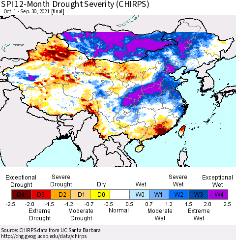 China, Mongolia and Taiwan SPI 12-Month Drought Severity (CHIRPS) Thematic Map For 10/1/2020 - 9/30/2021