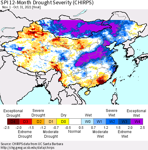 China, Mongolia and Taiwan SPI 12-Month Drought Severity (CHIRPS) Thematic Map For 11/1/2020 - 10/31/2021