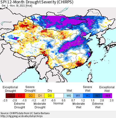 China, Mongolia and Taiwan SPI 12-Month Drought Severity (CHIRPS) Thematic Map For 12/1/2020 - 11/30/2021