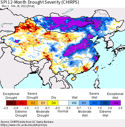 China, Mongolia and Taiwan SPI 12-Month Drought Severity (CHIRPS) Thematic Map For 3/1/2021 - 2/28/2022