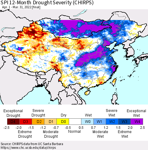 China, Mongolia and Taiwan SPI 12-Month Drought Severity (CHIRPS) Thematic Map For 4/1/2021 - 3/31/2022