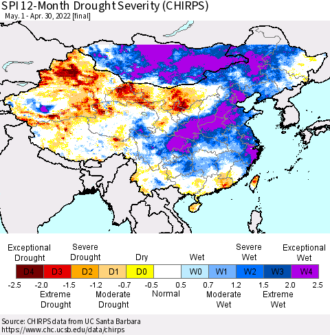 China, Mongolia and Taiwan SPI 12-Month Drought Severity (CHIRPS) Thematic Map For 5/1/2021 - 4/30/2022