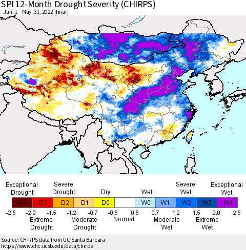 China, Mongolia and Taiwan SPI 12-Month Drought Severity (CHIRPS) Thematic Map For 6/1/2021 - 5/31/2022