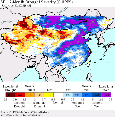 China, Mongolia and Taiwan SPI 12-Month Drought Severity (CHIRPS) Thematic Map For 7/1/2021 - 6/30/2022