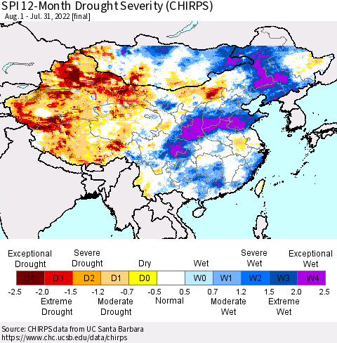 China, Mongolia and Taiwan SPI 12-Month Drought Severity (CHIRPS) Thematic Map For 8/1/2021 - 7/31/2022
