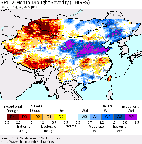 China, Mongolia and Taiwan SPI 12-Month Drought Severity (CHIRPS) Thematic Map For 9/1/2021 - 8/31/2022