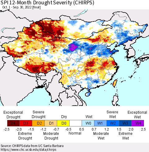 China, Mongolia and Taiwan SPI 12-Month Drought Severity (CHIRPS) Thematic Map For 10/1/2021 - 9/30/2022
