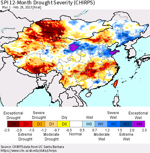 China, Mongolia and Taiwan SPI 12-Month Drought Severity (CHIRPS) Thematic Map For 3/1/2022 - 2/28/2023