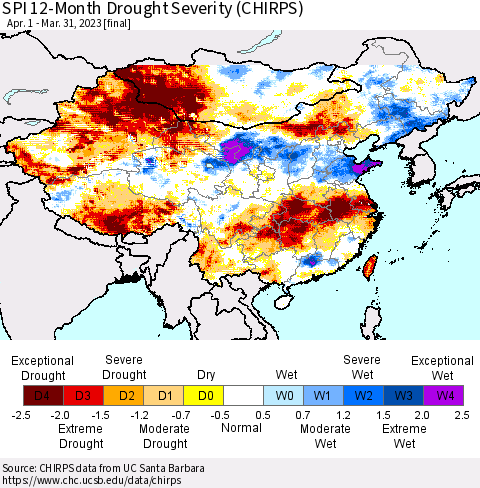 China, Mongolia and Taiwan SPI 12-Month Drought Severity (CHIRPS) Thematic Map For 4/1/2022 - 3/31/2023