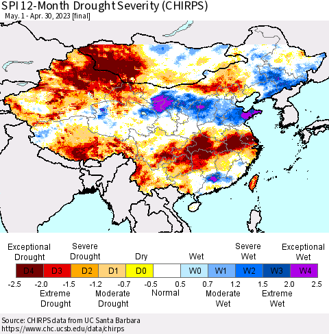 China, Mongolia and Taiwan SPI 12-Month Drought Severity (CHIRPS) Thematic Map For 5/1/2022 - 4/30/2023